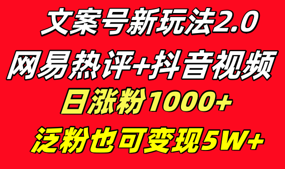 创意文案号新模式 网易热评 抖音视频文案 一天增粉1000  多种多样变现方式 泛粉也可变现-创业资源网