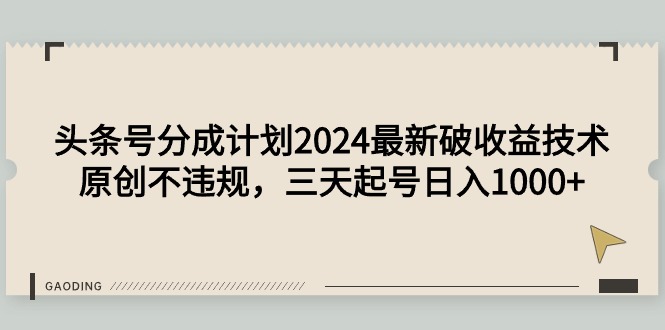 今日头条号分为方案2024全新破盈利技术性，原创设计不违规，三天养号日入1000-创业资源网