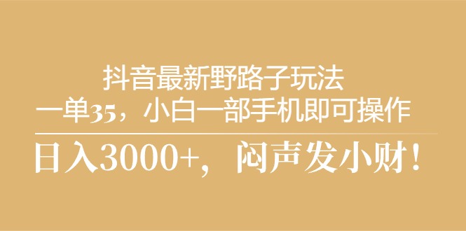 抖音最新野路子玩法，一单35，小白一部手机即可操作，，日入3000+，闷…-创业资源网