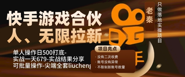 快手游戏合作伙伴、无尽引流、单人操作日500内搭-可批量处理-实战演练一天679-创业资源网