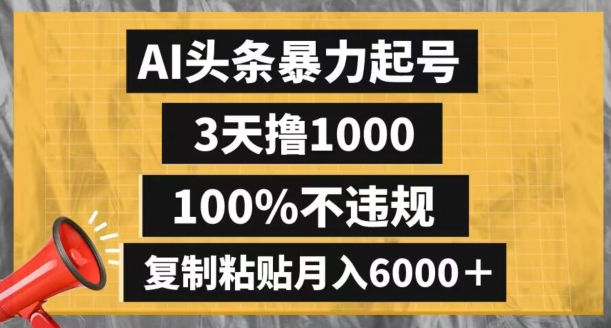 AI头条暴力起号，3天撸1000,100%不违规，复制粘贴月入6000＋【揭秘】-创业资源网