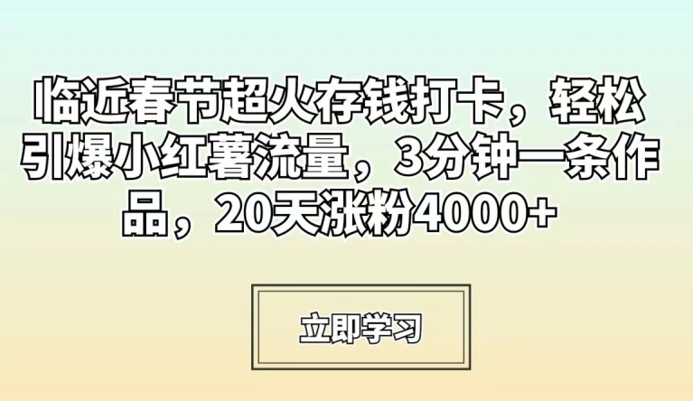 临近春节超火存钱打卡，轻松引爆小红薯流量，3分钟一条作品，20天涨粉4000+【揭秘】-创业资源网