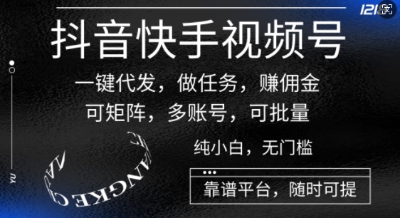 抖音和快手微信视频号一键代发货，接任务，手机赚钱，可引流矩阵，多账号，可大批量-创业资源网