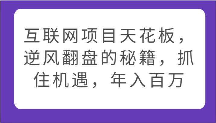 网络项目吊顶天花板，让二追三的秘笈，把握机遇，年收入百万-创业资源网