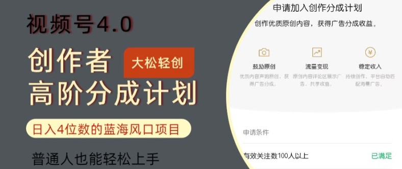 微信视频号4.0原创者高级分为方案，日入四位数的蓝海项目，平常人也可以快速上手-创业资源网