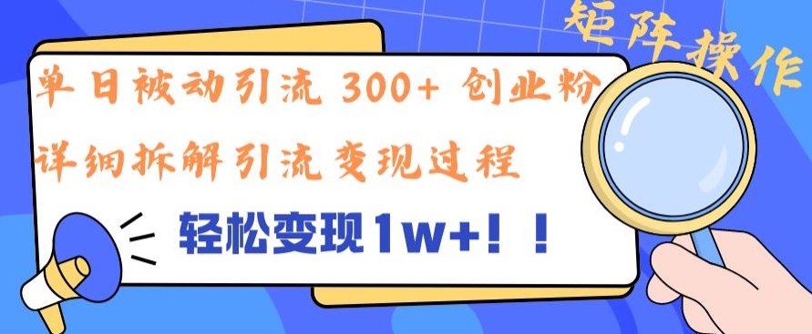 单日被动引流 300+ 创业粉，轻松变现1w+，矩阵操作详细拆解引流变现过程-创业资源网