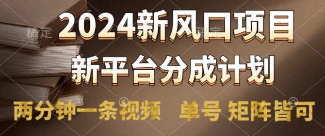 2024风口项目，新平台分成计划，两分钟一条视频，单号 矩阵皆可操作轻松上手月入9000+-创业资源网