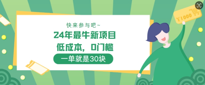 24年最牛新项目，低成本，0门槛 ，一单就是30块，轻松月入1w-创业资源网