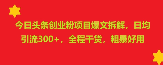 今日头条创业粉项目爆文拆解，日均引流300+，全程干货，粗暴好用-创业资源网