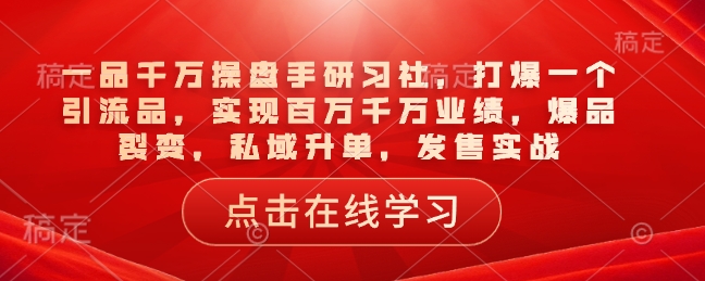 一品一定股票操盘手研习社，打穿一个引流品，完成上百万一定销售业绩，爆款裂变式，公域升单，开售实战演练-创业资源网