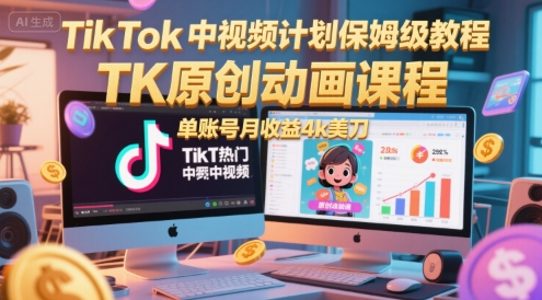 TikTok中视频计划保姆级教程，TK原创动画课程，单账号月收益4k美刀-创业资源网
