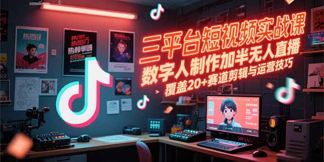 三平台短视频实战课，数字人制作加半无人直播，覆盖20+赛道剪辑与运营技巧-创业资源网
