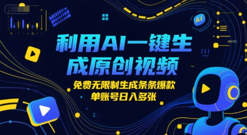 利用AI一键生成原创视频，免费无限制生成条条爆款，单账号日入多张-创业资源网