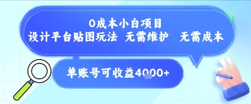 0成本小白项目，设计平台贴图玩法，无需维护，无需成本，单账号单月可产生收益4k+-创业资源网