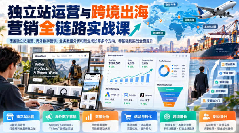 独立站运营与跨境出海营销全链路实战课，覆盖独立站运营、海外数字营销、业务数据分析和职业成长等多个方向，零基础到实战全面提升-创业资源网