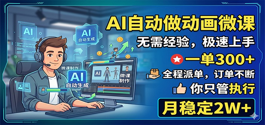 AI自动做动画微课，一单300+，全程派单，你只管执行，月稳定2W+-创业资源网