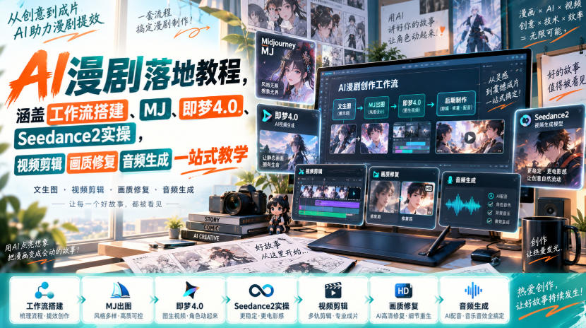 AI漫剧落地教程，涵盖工作流搭建、MJ、即梦4.0、Seedance2实操，视频剪辑画质修复音频生成一站式教学-创业资源网