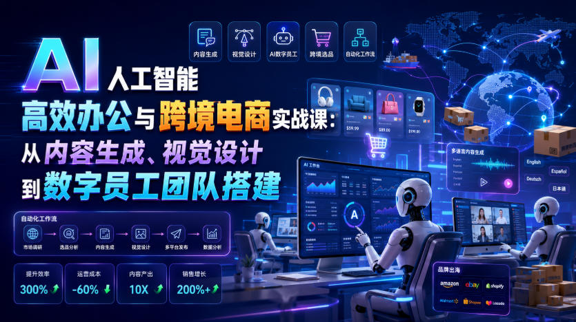 AI人工智能高效办公与跨境电商实战课：从内容生成、视觉设计到数字员工团队搭建-创业资源网