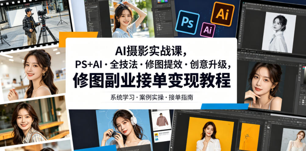 AI摄影实战课，PS+AI・全技法・修图提效・创意升级，修图副业接单变现教程-创业资源网