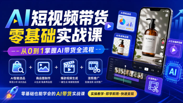 AI短视频带货零基础实战课｜AI智能选品+商品图制作+爆款视频生成+混剪推广，从0到1掌握AI带货全流程-创业资源网