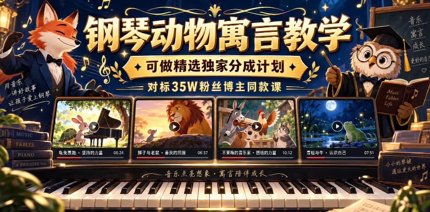 钢琴动物寓言教学，可做精选独家分成计划，对标35W粉丝博主同款课-创业资源网