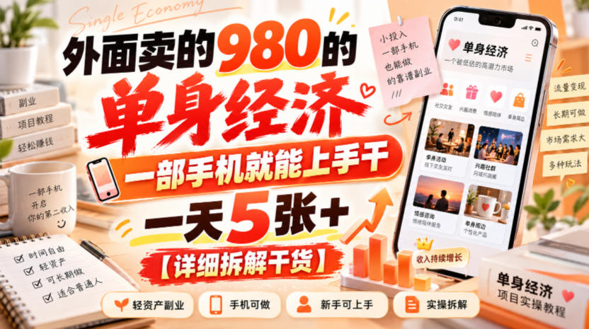 外面卖的980的单身经济，一部手机就能上手干，一天5张+【详细拆解干货】-创业资源网