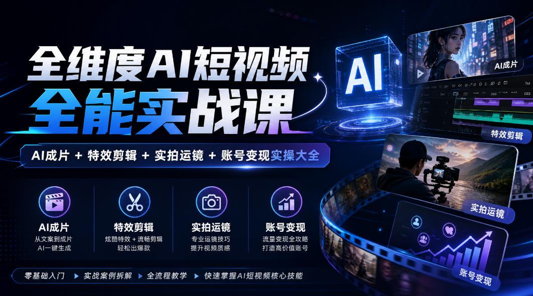 全维度AI短视频全能实战课，AI成片+特效剪辑+实拍运镜+账号变现实操大全-创业资源网