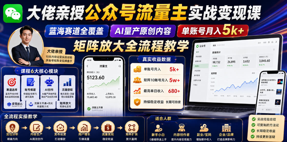大佬亲授公众号流量主实战变现课，蓝海赛道全覆盖，AI量产原创内容，单账号月入5k+矩阵放大全流程教学-创业资源网