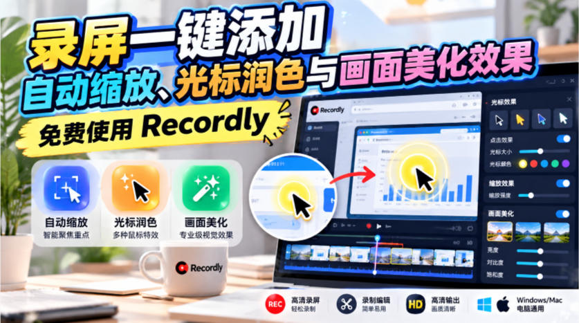 录屏一键添加自动缩放、光标润色与画面美化效果，免费使用Recordly-创业资源网