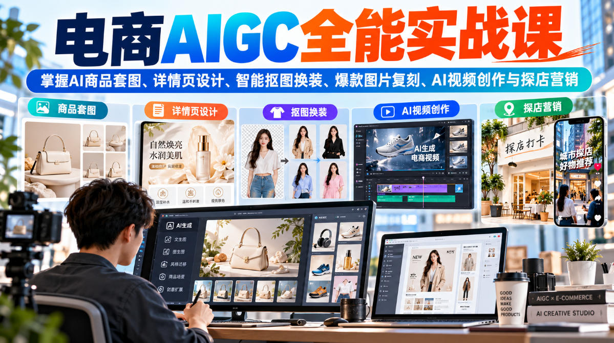 电商AIGC全能实战课：掌握AI商品套图、详情页设计、智能抠图换装、爆款图片复刻、AI视频创作与探店营销-创业资源网