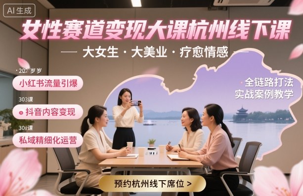 女性赛道变现大课杭州线下，大女生，大美业，疗愈情感，一套小红书、抖音、私域全链路打法-创业资源网