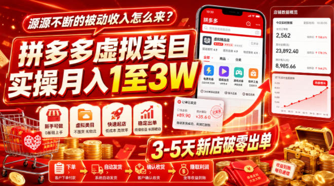 源源不断的被动收入怎么来？拼多多虚拟类目实操月入1至3W，3-5天新店破零出单-创业资源网