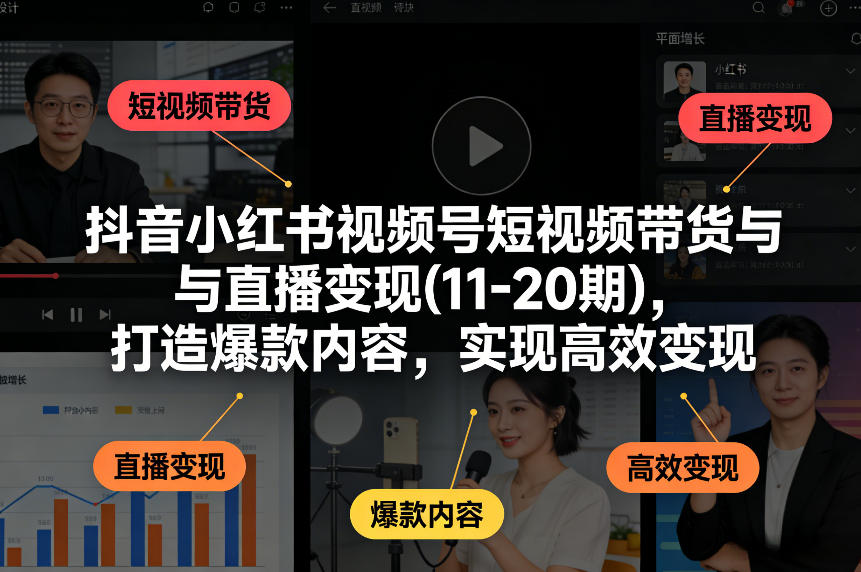 抖音小红书视频号短视频带货与直播变现(10-21期)，打造爆款内容，实现高效变现（更新05月）-创业资源网