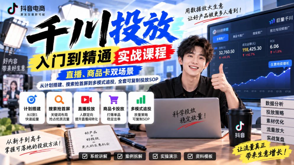 千川投放入门到精通实战课程，直播、商品卡双场景，从计划搭建、搜索抢首屏到多模式追投，全套可复制投放SOP-创业资源网