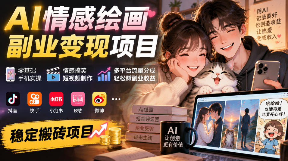 AI情感绘画副业变现项目｜零基础手机实操，情感搞笑短视频制作，多平台流量分成轻松賺副业收益-创业资源网