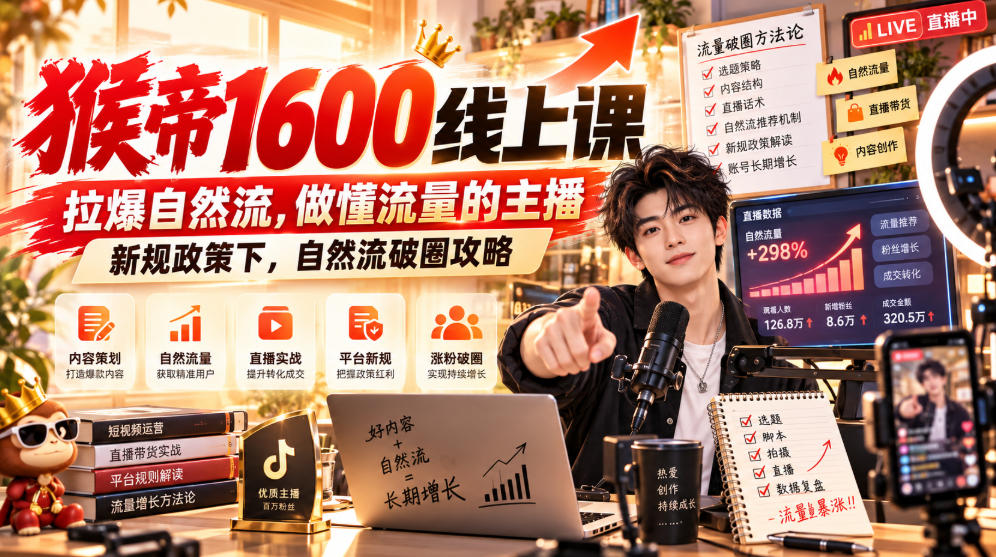 猴帝1600线上课，拉爆自然流，做懂流量的主播，新规政策下，自然流破圈攻略【更新260926】-创业资源网