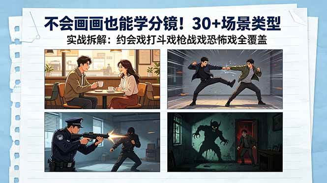 （18591期）不会画画也能学分镜！30+场景类型实战拆解：约会戏打斗戏枪战戏恐怖戏全覆盖-创业资源网