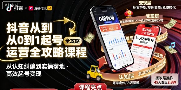 抖音从0到1起号运营全攻略课程，从认知纠偏到实操落地，高效起号变现-创业资源网