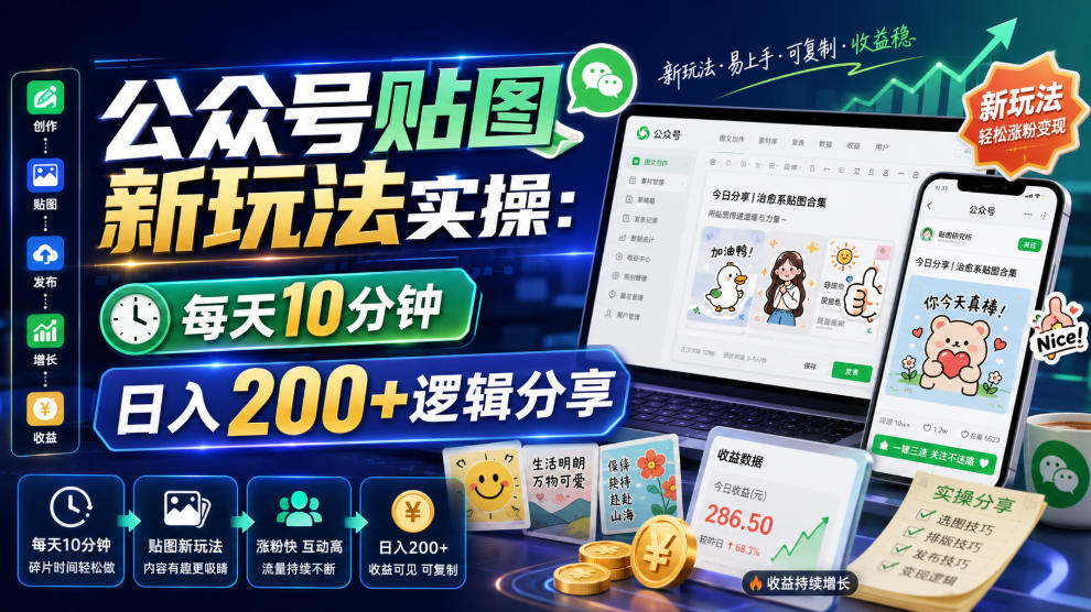 公众号贴图新玩法实操，每天10分钟，日入200+逻辑分享-创业资源网