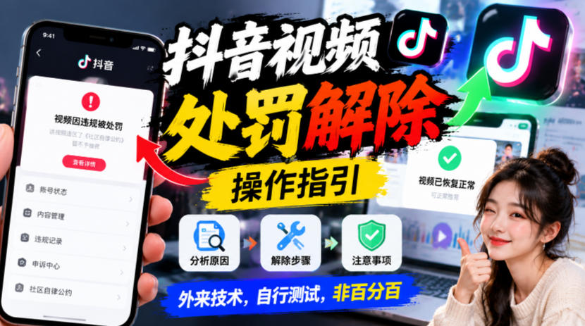 抖音视频处罚解除操作指引，外来技术，自行测试，非百分百-创业资源网
