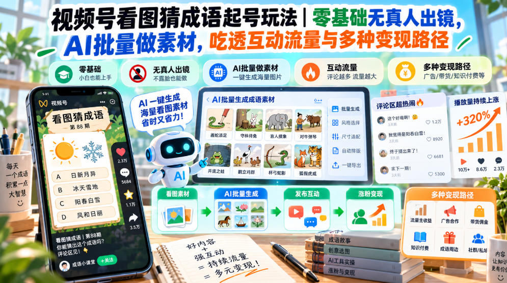视频号看图猜成语起号玩法｜零基础无真人出镜，AI批量做素材，吃透互动流量与多种变现路径-创业资源网