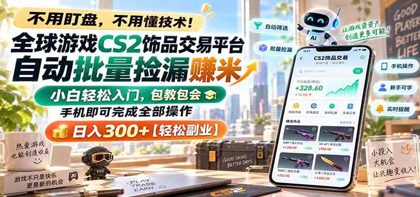 全球游戏CS2饰品交易平台自动批量捡漏赚米，手机即可完成全部操作，日入300+-创业资源网