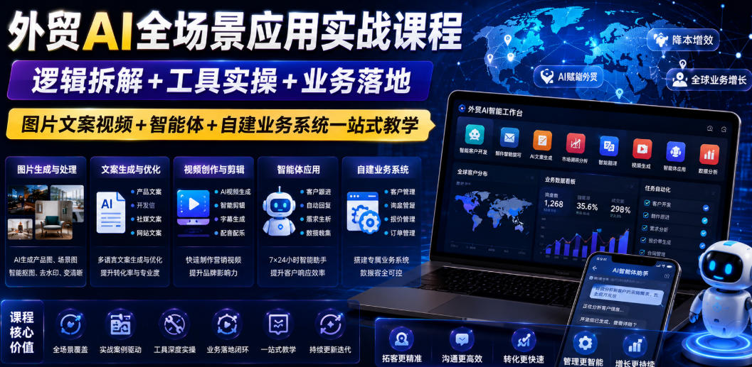 外贸AI全场景应用实战课程｜逻辑拆解+工具实操+业务落地，图片文案视频+智能体+自建业务系统一站式教学-创业资源网