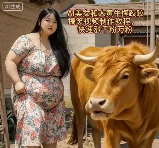 AI美女和大黄牛摔跤搞笑荒诞视频制作教程，快速涨千粉万粉-创业资源网