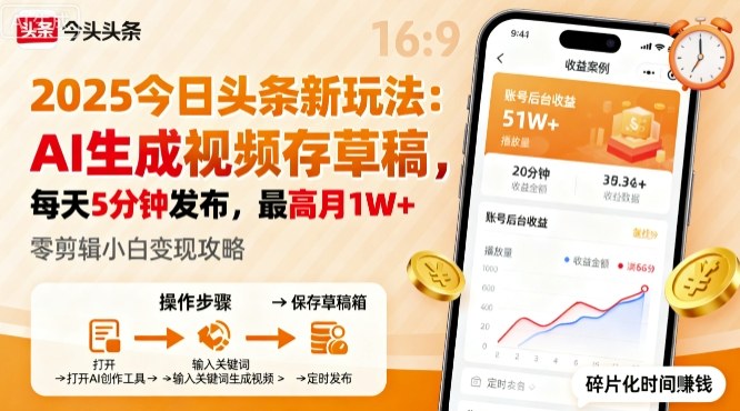 2025年今日头条躺賺新玩法，AI生成视频存草稿，每天5分钟发布，最高月1W+【揭秘】-创业资源网