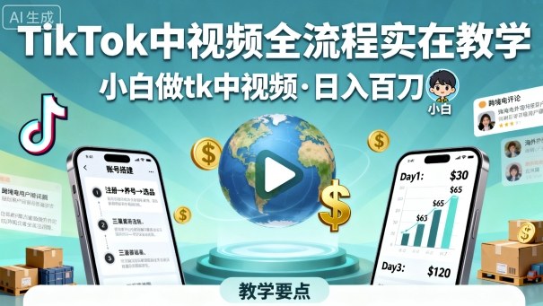 TikTok中视频全流程实操教学，小白做tk中视频，日入百刀-创业资源网