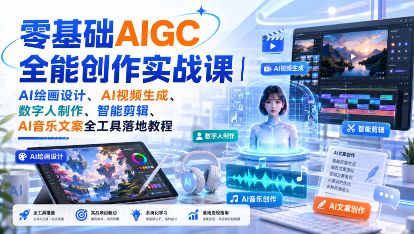 零基础AIGC全能创作实战课｜AI绘画设计、AI视频生成、数字人制作、智能剪辑、AI音乐文案全工具落地教程-创业资源网