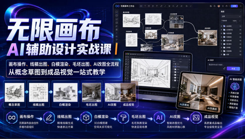 无限画布AI辅助设计实战课｜画布操作、线稿出图、白模渲染、毛坯出图、AI改图全流程，从概念草图到成品视觉一站式教学-创业资源网