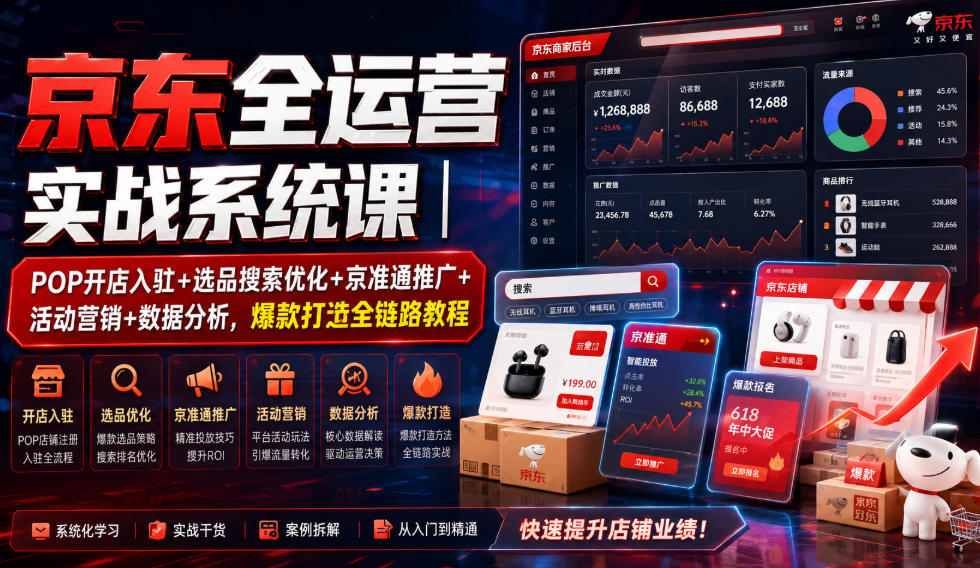 京东全运营实战系统课｜POP开店入驻+选品搜索优化+京准通推广+活动营销+数据分析，爆款打造全链路教程-创业资源网