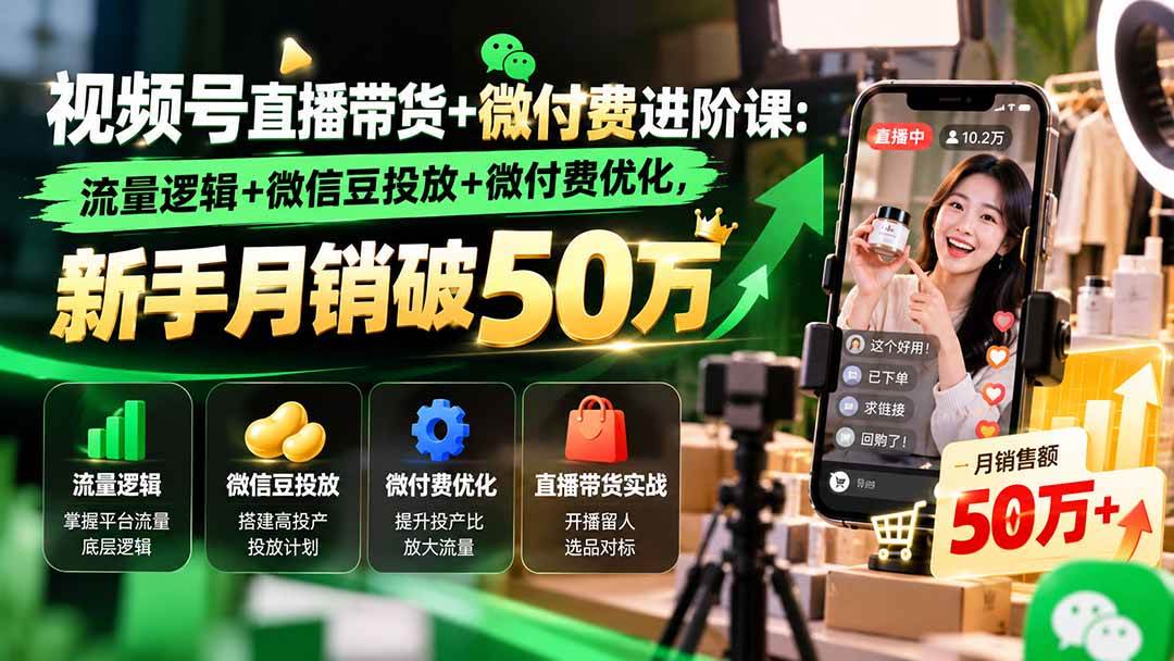 （20886期）视频号直播带货+微付费进阶课-更新1010：流量逻辑+微信豆投放+微付费优化，新手月销破50万-创业资源网